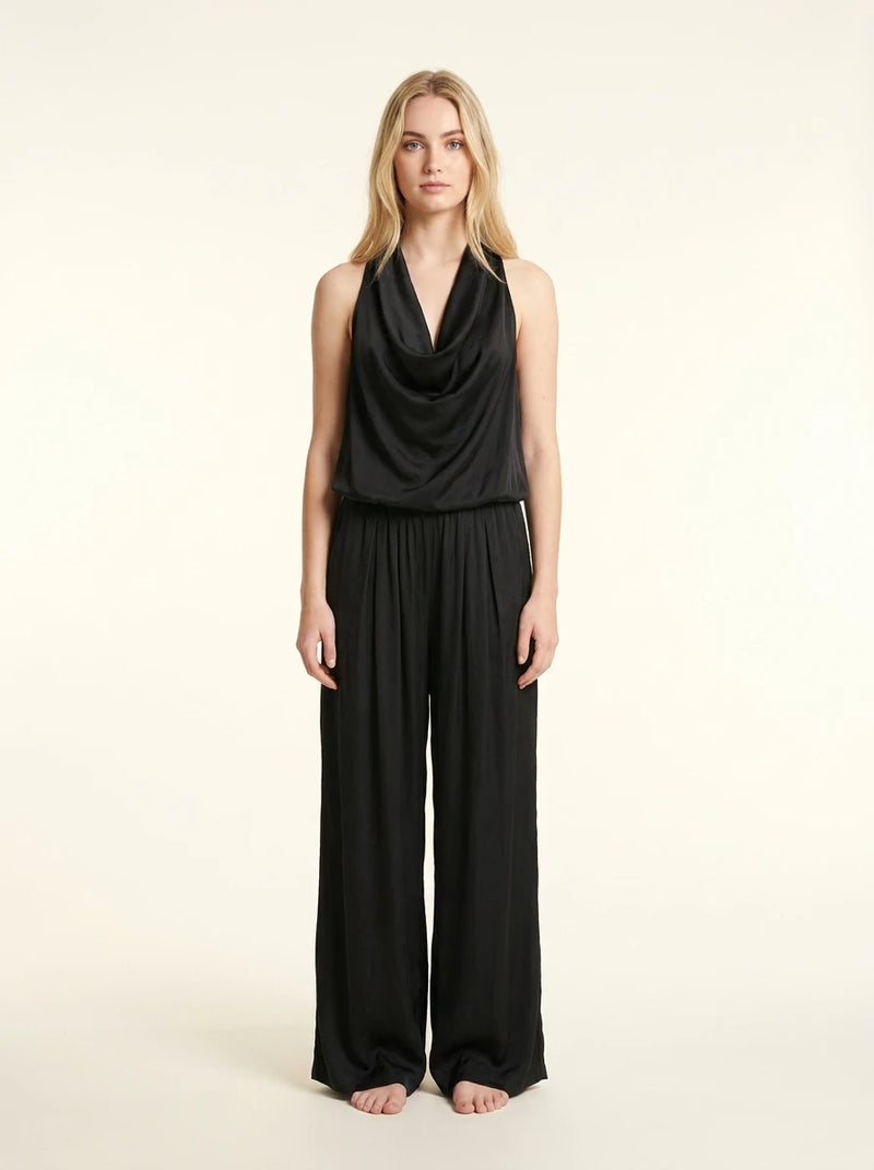 Satin Draped Top and Wide Leg Pants Set