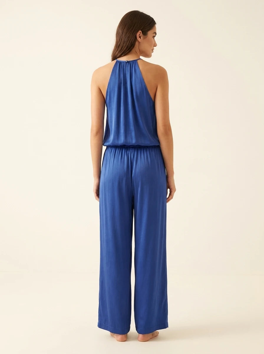 Satin Draped Top and Wide Leg Pants Set