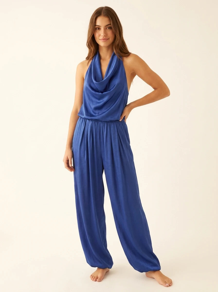 Satin Draped Top and Wide Leg Pants Set