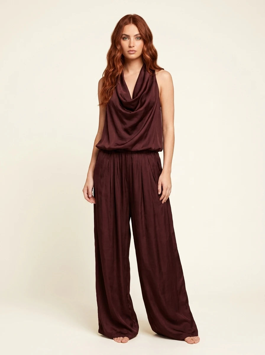 Satin Draped Top and Wide Leg Pants Set