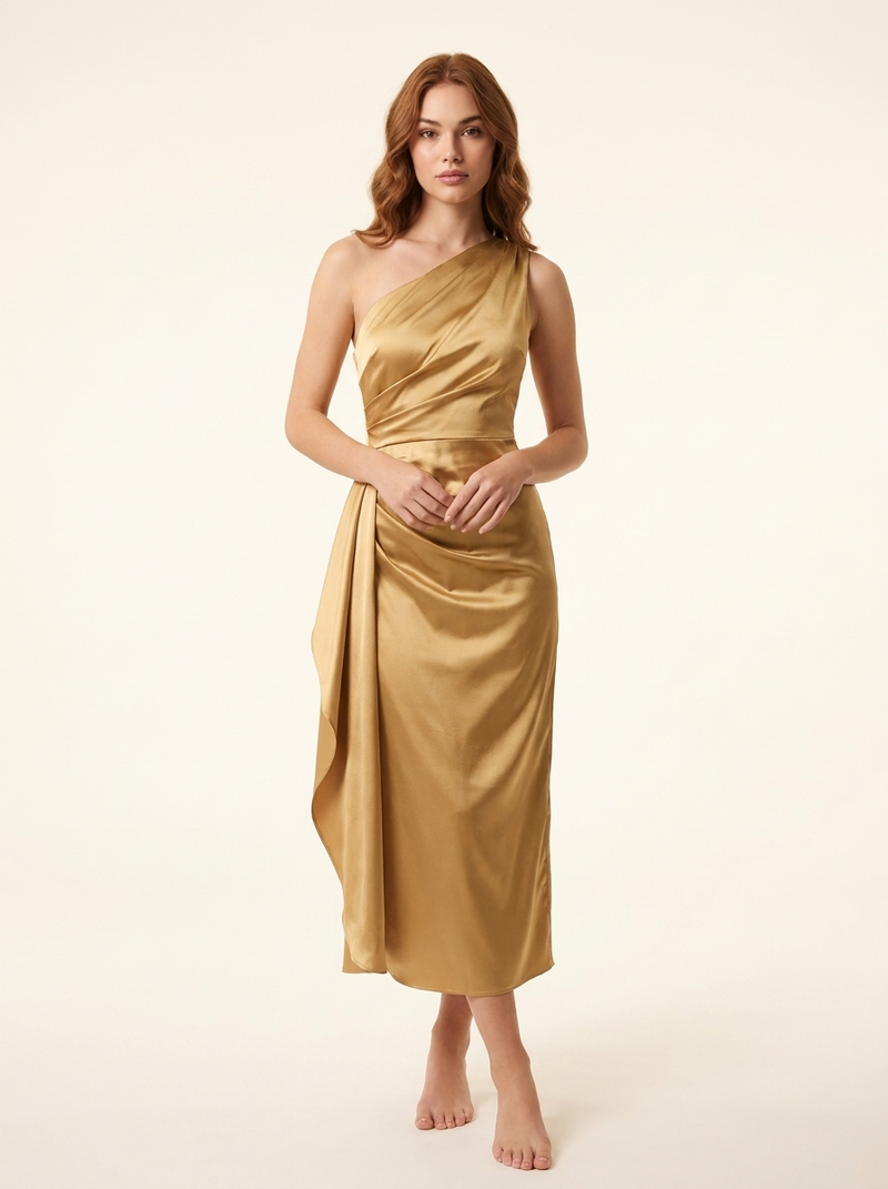One Shoulder Open Back Satin Evening Dress