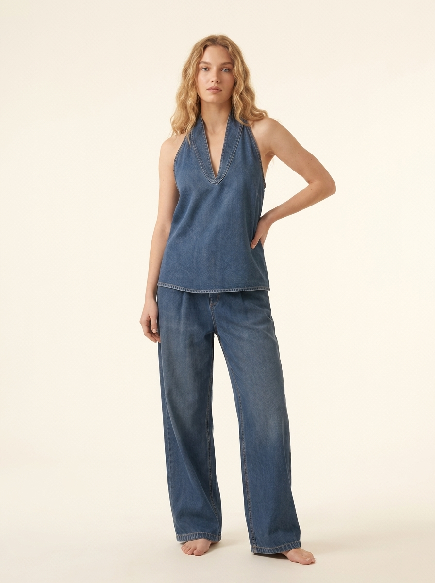 Denim Tie Front Top and Wide Leg Jeans Set