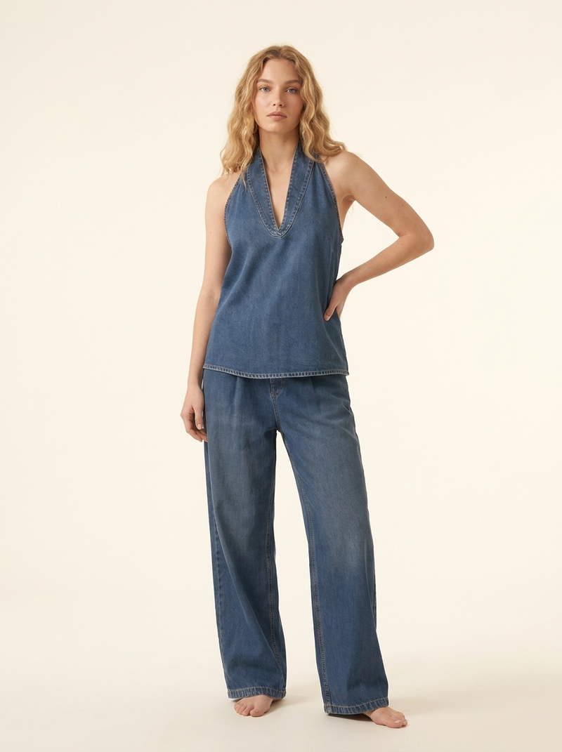 Denim Tie Front Top and Wide Leg Jeans Set