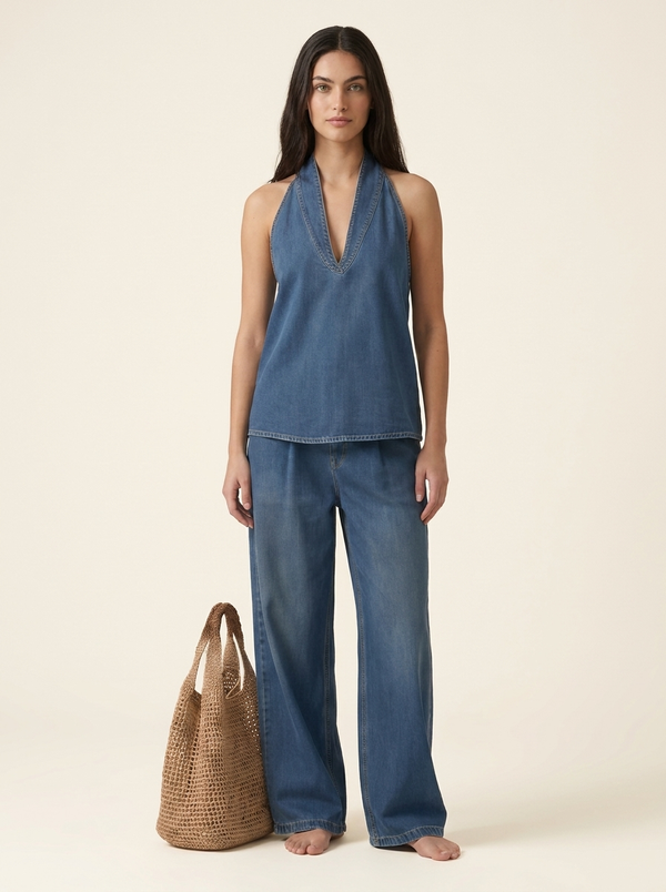 Denim Tie Front Top and Wide Leg Jeans Set