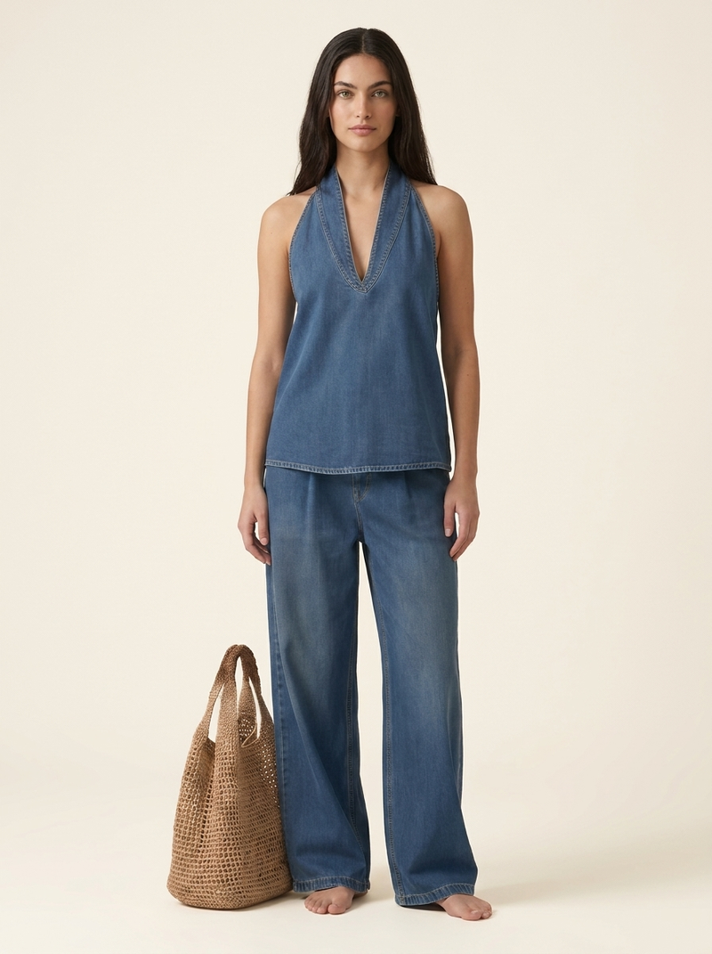 Denim Tie Front Top and Wide Leg Jeans Set