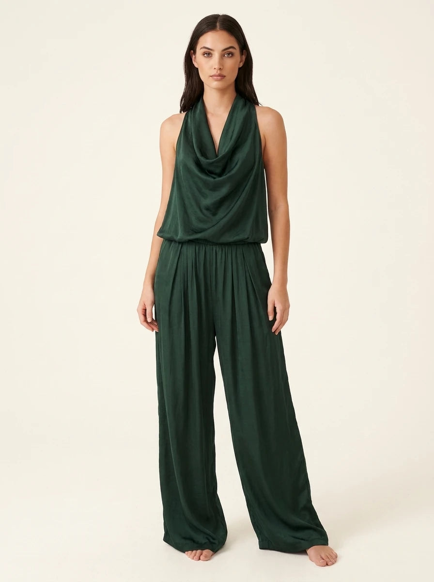 Satin Draped Top and Wide Leg Pants Set