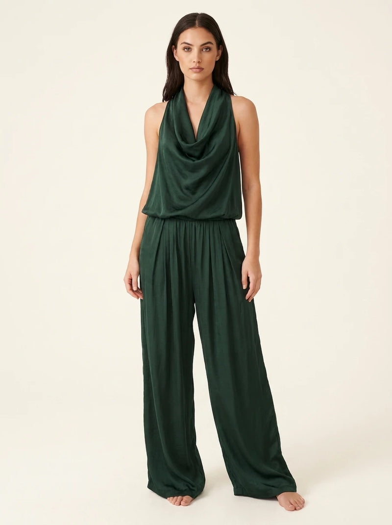 Satin Draped Top and Wide Leg Pants Set