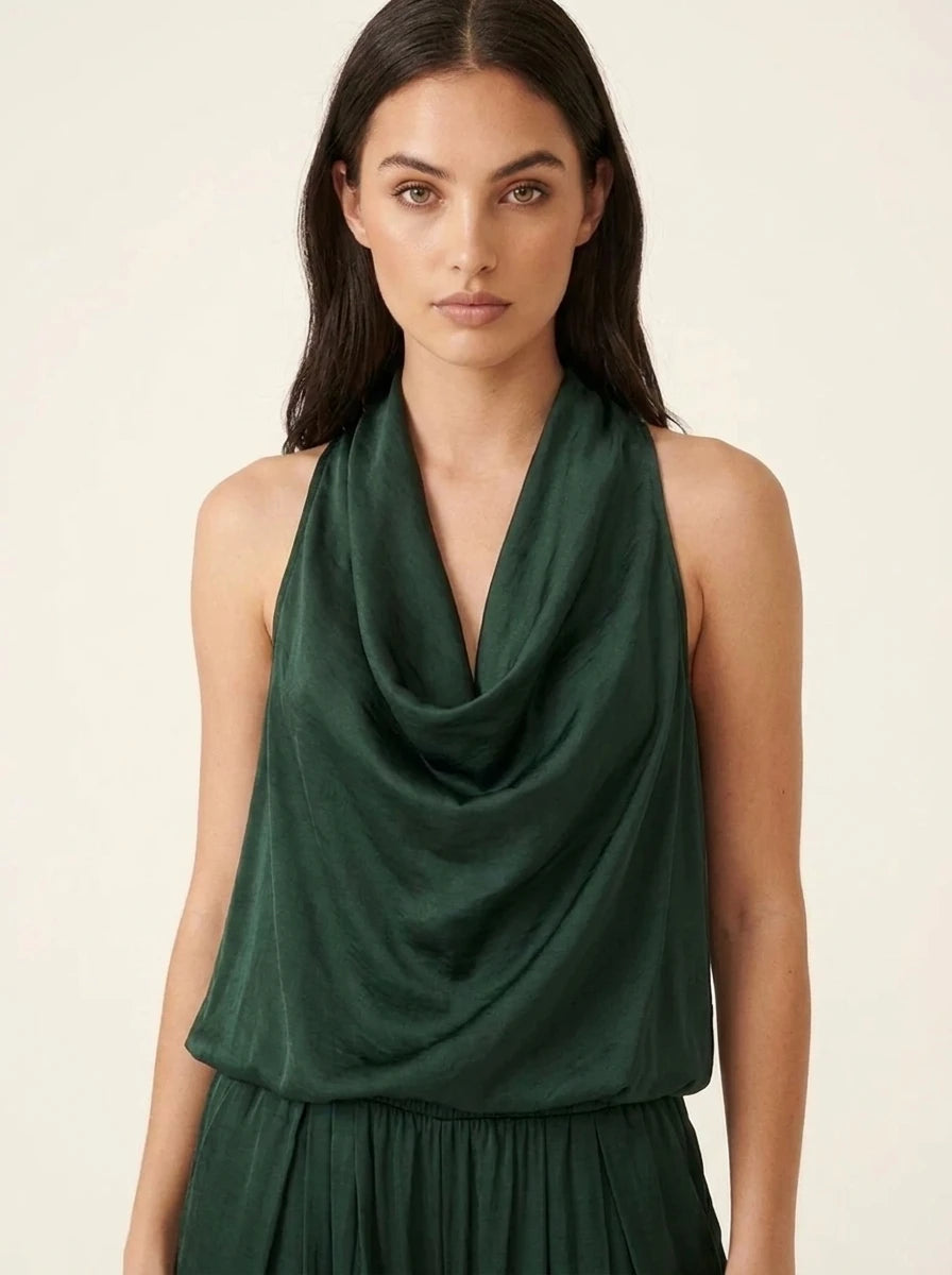 Satin Draped Top and Wide Leg Pants Set