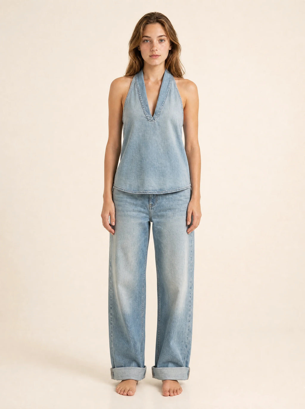 Set van spijkerblouse met knoopsluiting en wijde jeans