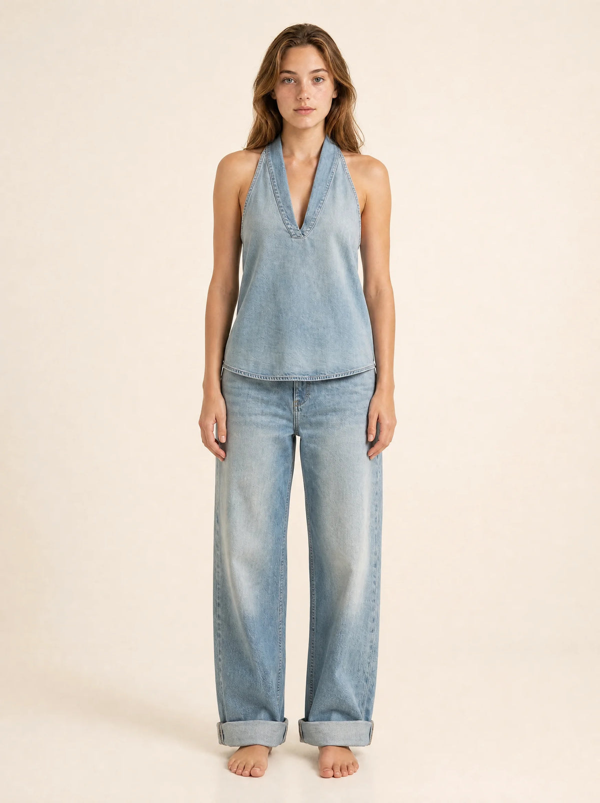 Set van spijkerblouse met knoopsluiting en wijde jeans