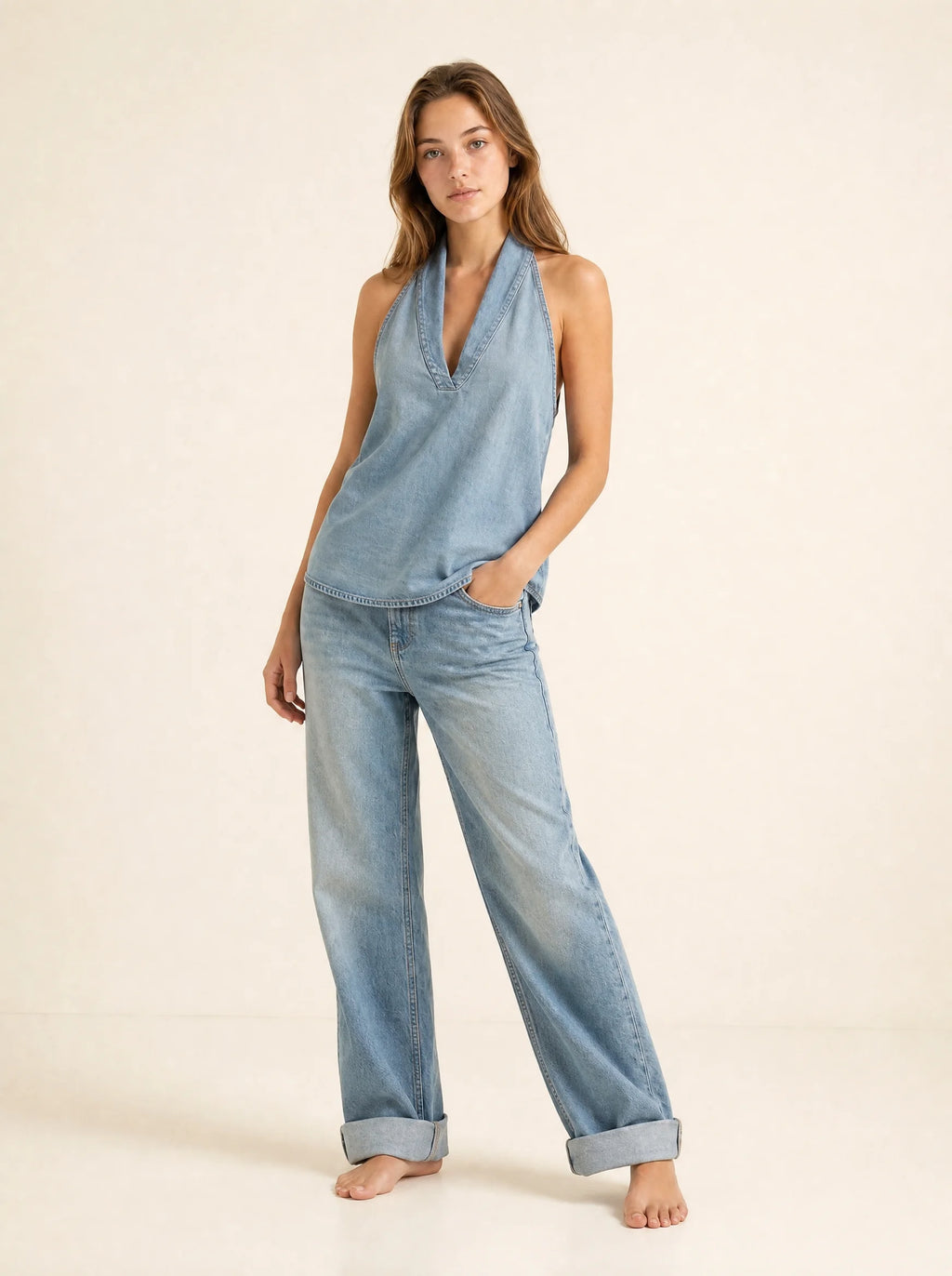 Set van spijkerblouse met knoopsluiting en wijde jeans