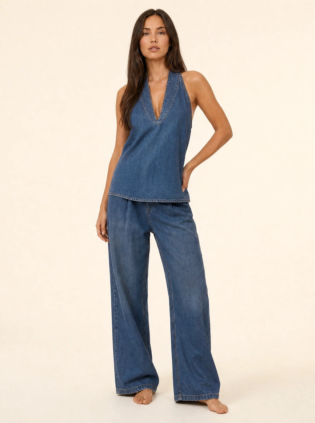 Set van spijkerblouse met knoopsluiting en wijde jeans
