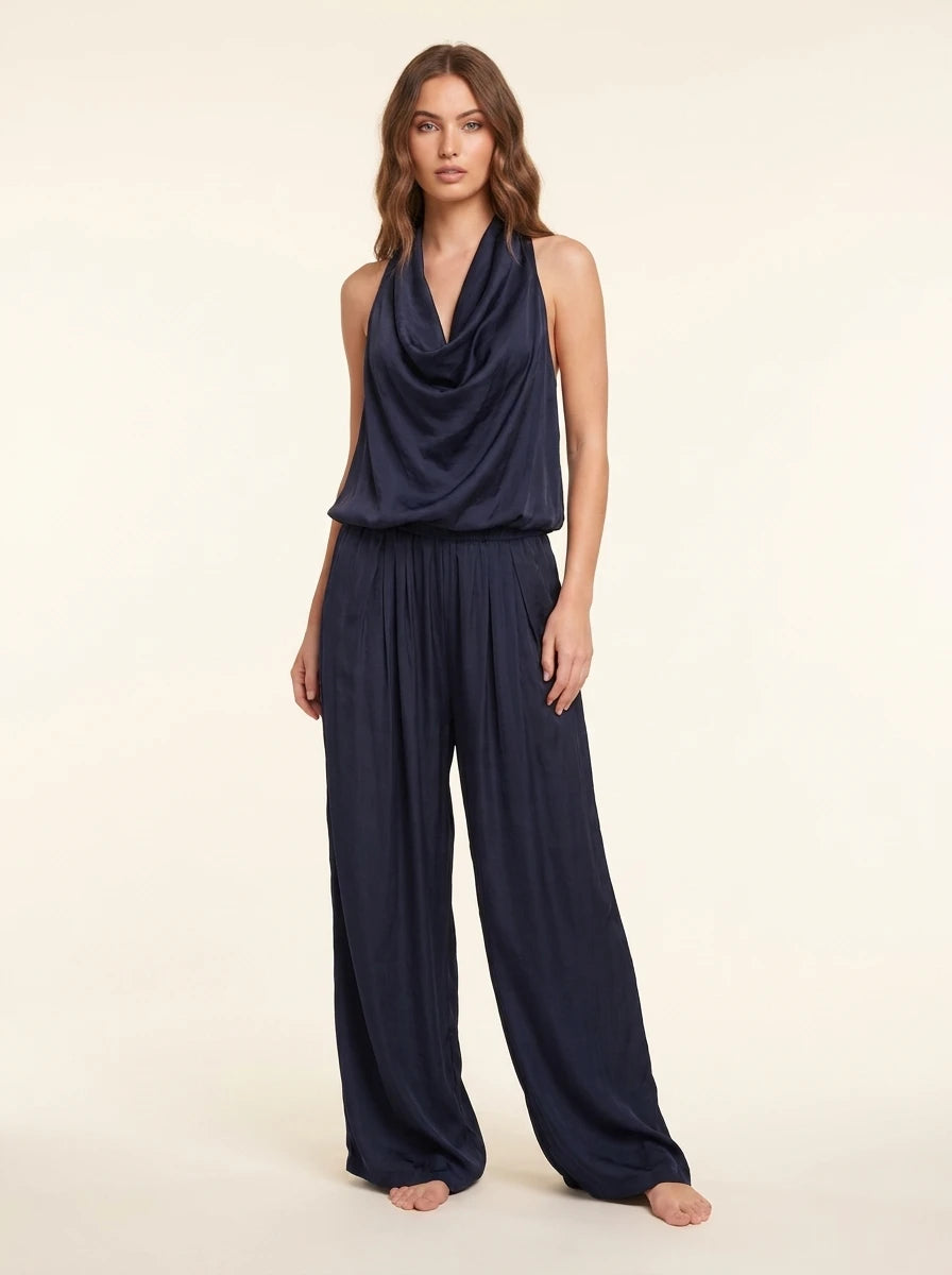 Satin Draped Top and Wide Leg Pants Set
