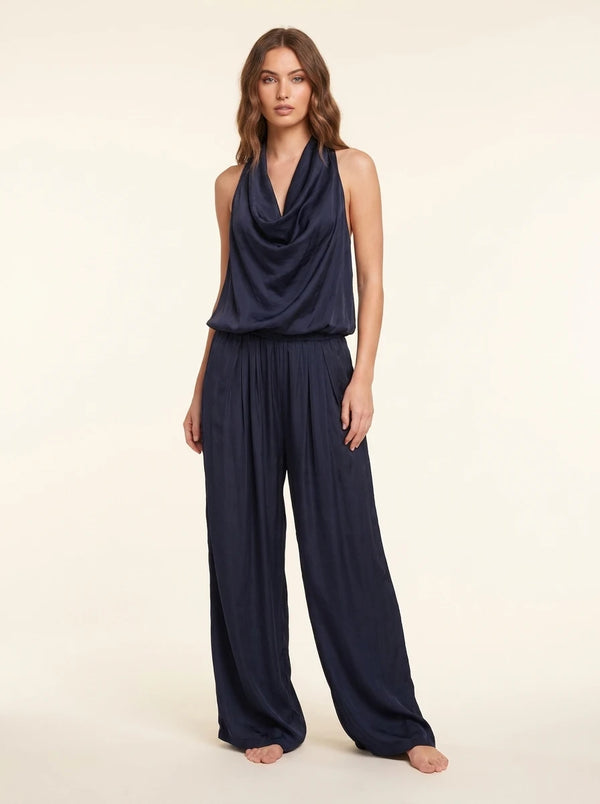Satin Draped Top and Wide Leg Pants Set