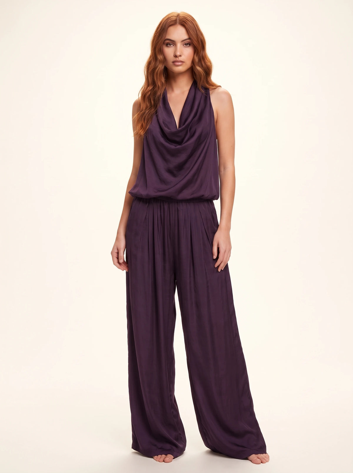 Satin Draped Top and Wide Leg Pants Set
