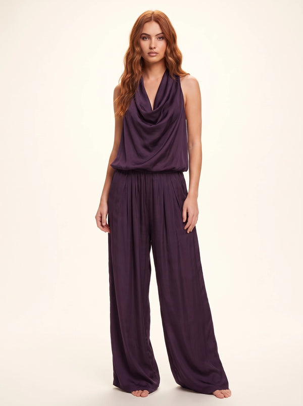 Satin Draped Top and Wide Leg Pants Set