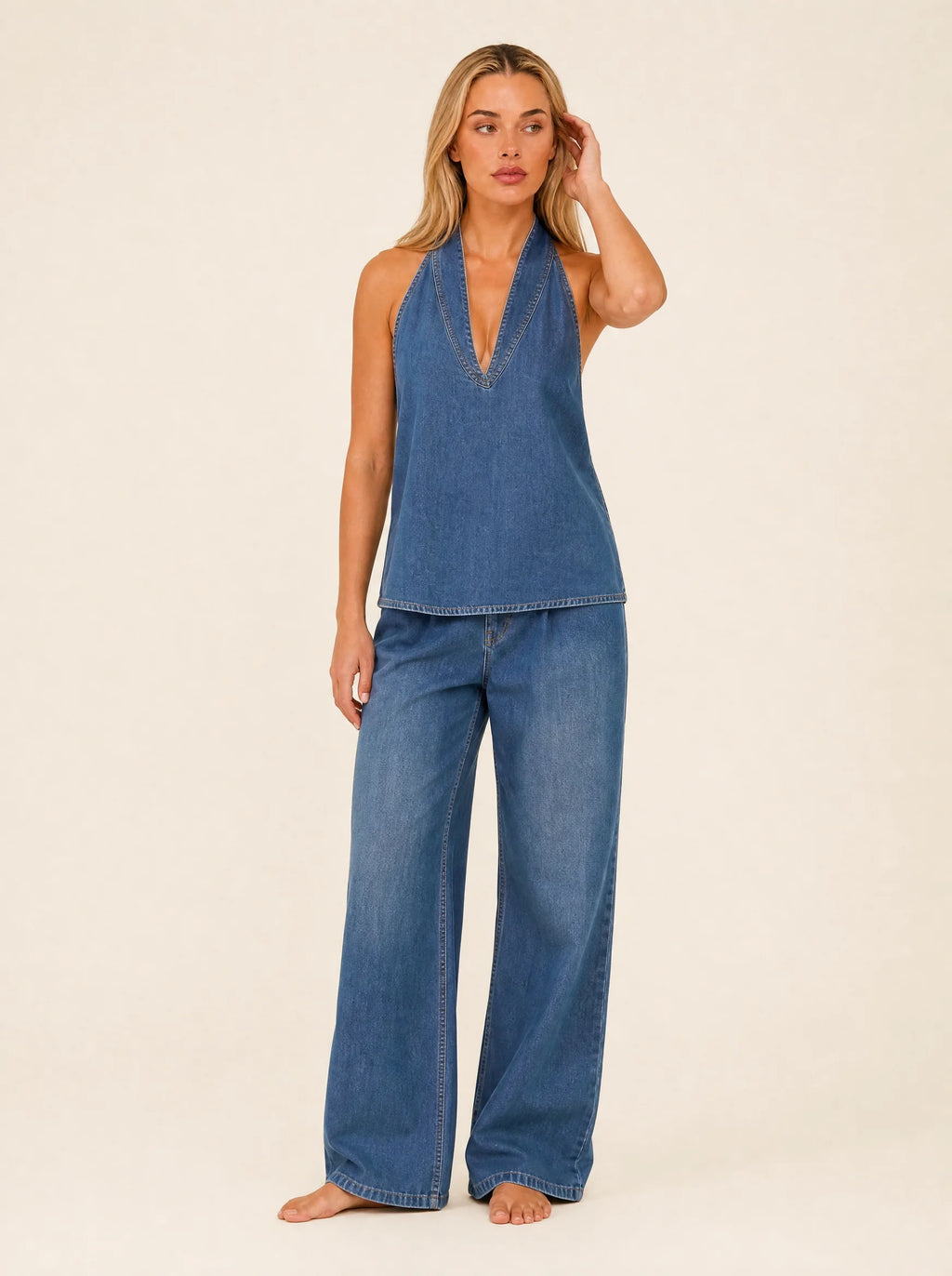 Set van spijkerblouse met knoopsluiting en wijde jeans