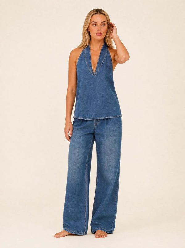 Conjunto de top de mezclilla con amarre al frente y jeans de pierna ancha