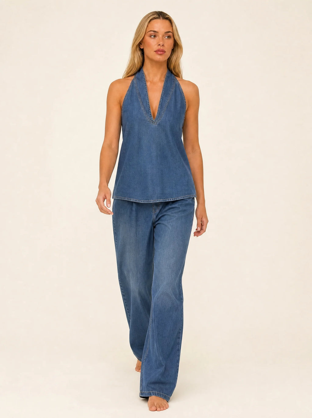 Set van spijkerblouse met knoopsluiting en wijde jeans