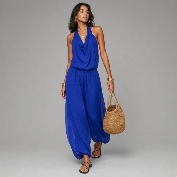 Satin Draped Top and Wide Leg Pants Set