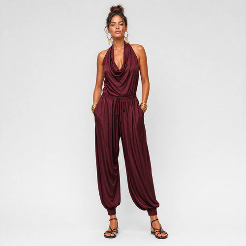 Satin Draped Top and Wide Leg Pants Set