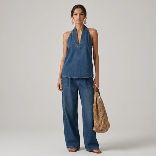 Denim Tie Front Top and Wide Leg Jeans Set